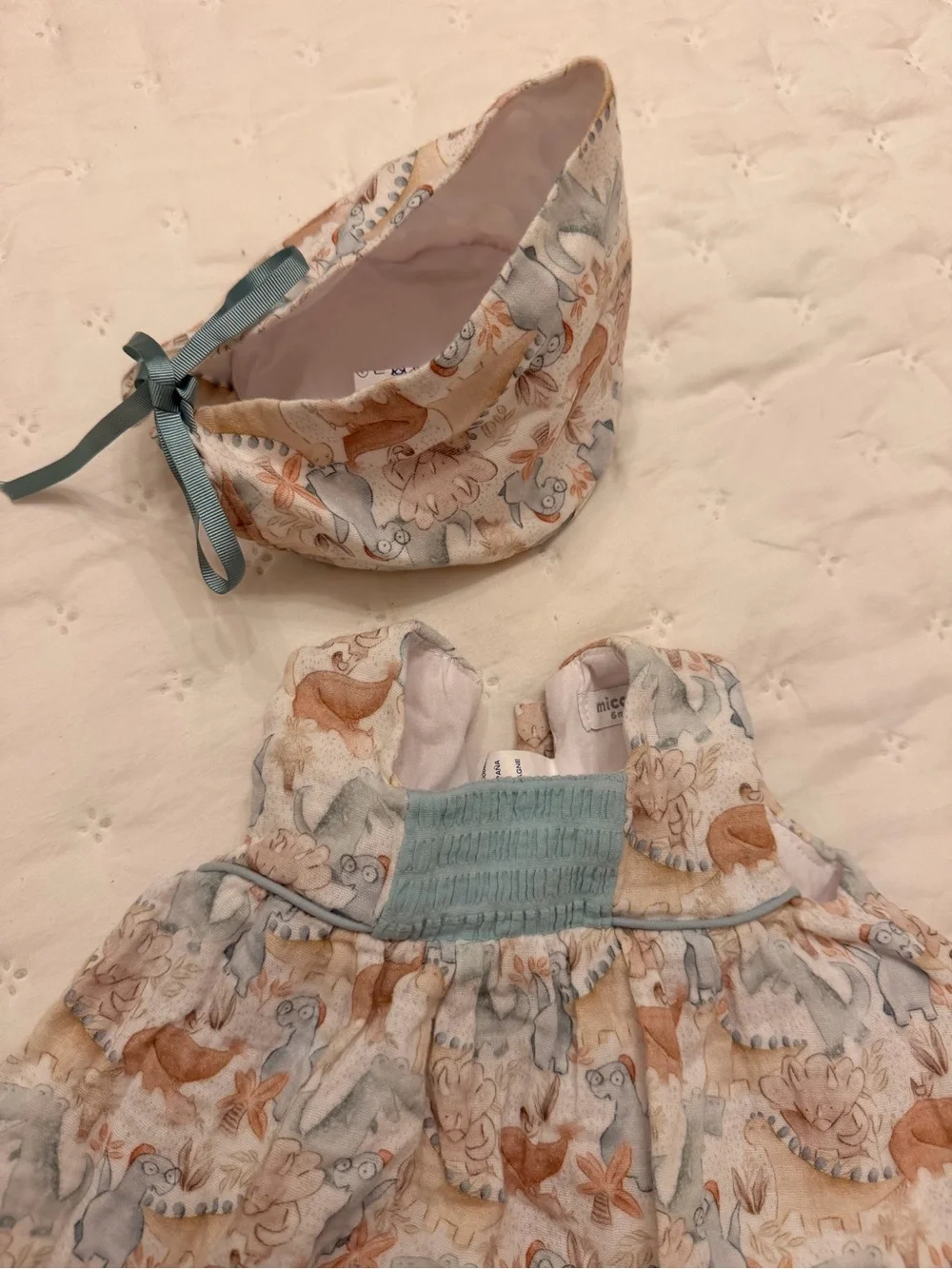 Baby Sea Animal Print Dress & Bonnet Set in Blue and Tan - Not use